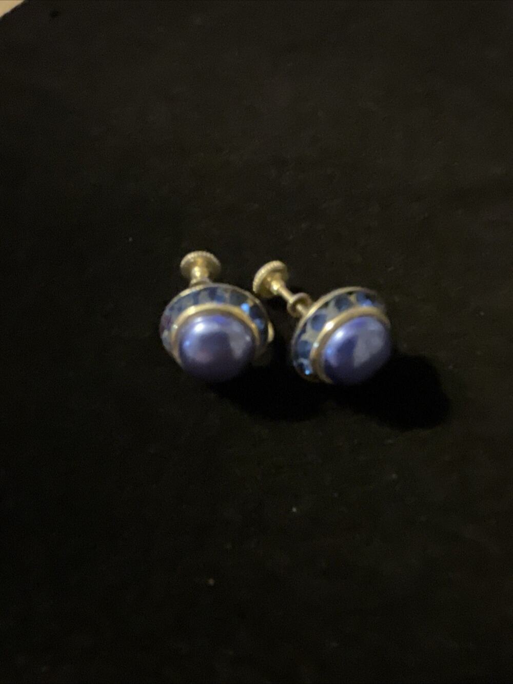 Blue Cabochon Vintage Screw On Earrings Blue Rhinestones Silver Art